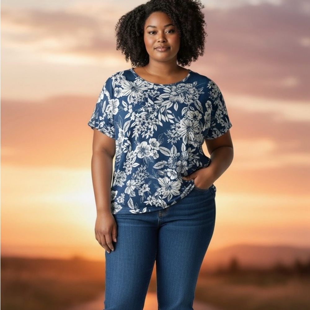 C&C California Linen Floral Scoop Neck Short Sleeve Blouse Size 3X